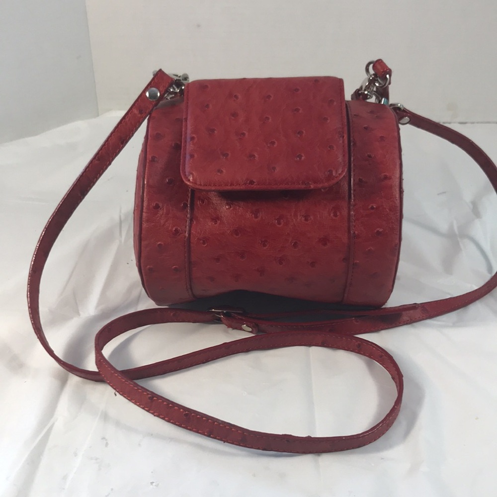 Elegant Vega Red Faux Ostrich Barrel Double Handles Crossbody Bag
